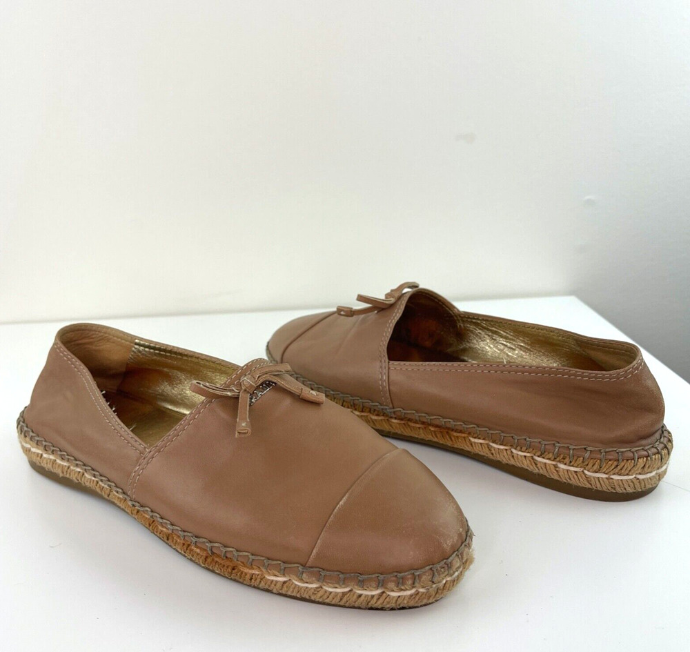 PRADA Light Brown Beige Leather Bows Trim Espadrilles Shoes Women’s 39.5 CLASSIC